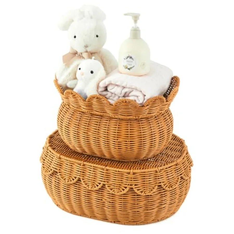 

Pcs Scalloped Rattan Baskets, Baby Diaper Caddy, Woven Rattan Wicker Storage Baskets with Lid for Nursery Storage Diaper Organi