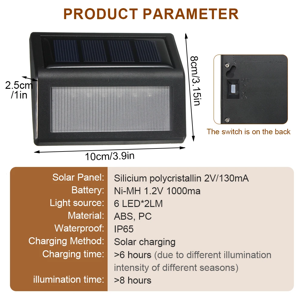 Luz Solar impermeable de montaje en pared, lámpara de alumbrado público, luz nocturna LED para jardín al aire libre, patio, escalera, 6LED