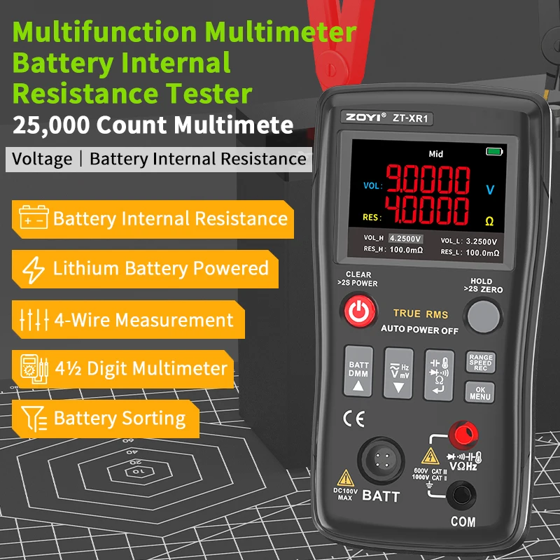 NEW ZT-XR1 ZOYI 2-in-1 Internal Resistance Tester (18650 Battery Analyzer)+4.5-digit High Precision Multimeter LED Flashlight 10