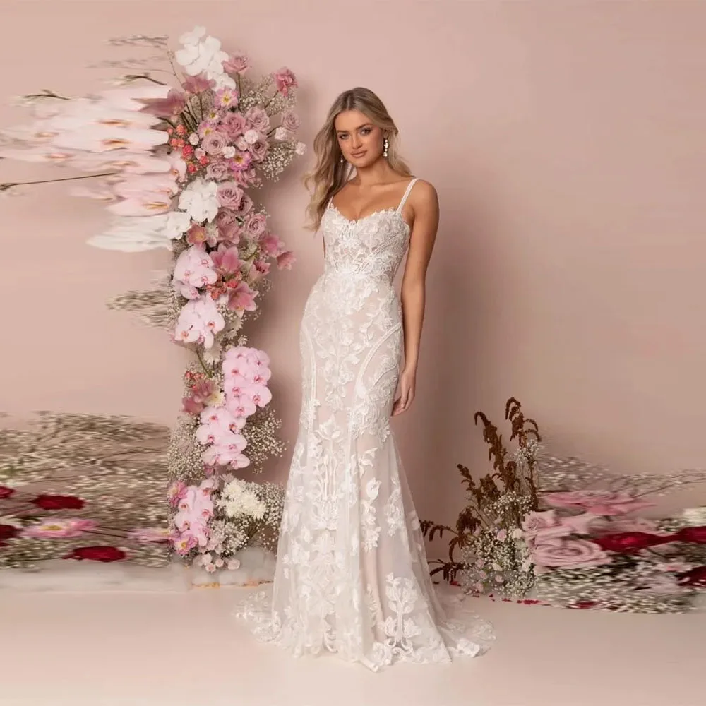 

Customized Sexy Spaghetti Straps Wedding Dresses Mermaid Bride Dress Lace Vestido de Noiva Sereia Wedding Gowns 2025