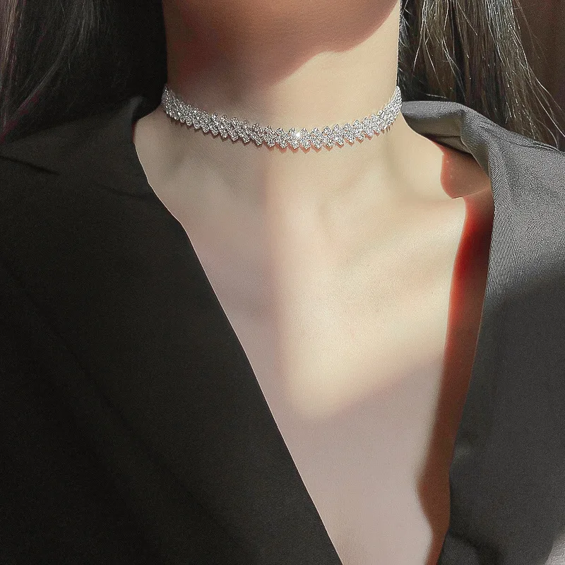 Sparkling Silver Color Crystal Collar Chain Choker Necklace Bridal Women Wedding Party Diamante Rhinestone Choker Jewelry Gifts