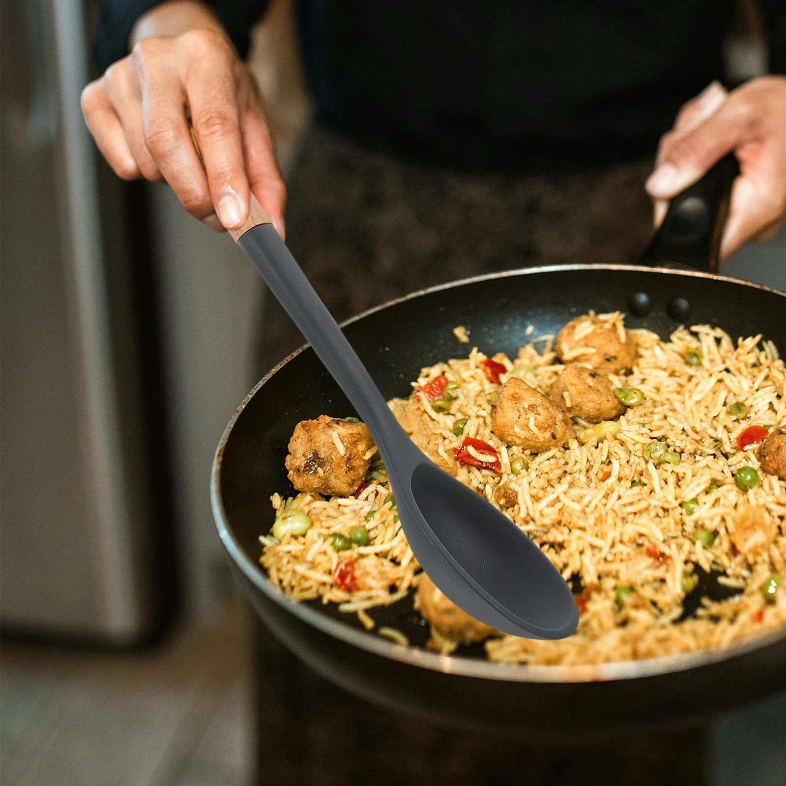 

Silicone Cooking Spoon Wood Handle Long Nonstick Mixing Spoon For Pots Pans Kitchen Utensil Heat Resistant Stirring Soup Ladle