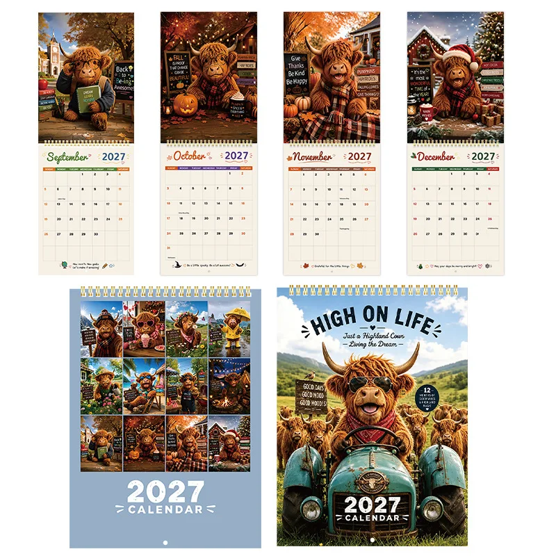 2027 Funny Highland Cow Wall Calendar 12-Month Spiral Hanging, Rustic Farmhouse Decor Gift for Cow Lovers Home Office