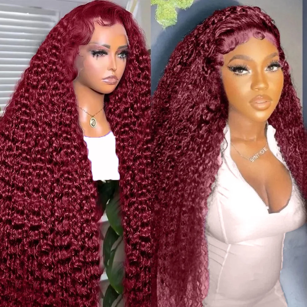 220% Density 99j Burgundy Curly Wigs Natural Human Hair 13x4 13x6 Full Frontal Lace Wigs Preplucked Colored Deep Wave Wig 40Inch