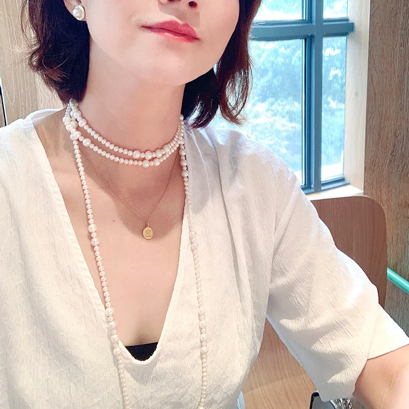 1.6m long Women Pearl necklaces with Silver buckle, tready shell made Pearl round beads chain, various way of wearing jewelry