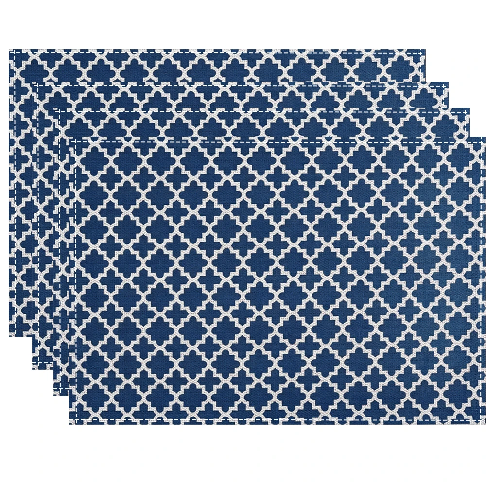 Navy Blue & White Trellis Placemats Elegant Moroccan Lattice Table Decor Classic Four-Leaf Clover Print Sophisticated Dining Mat