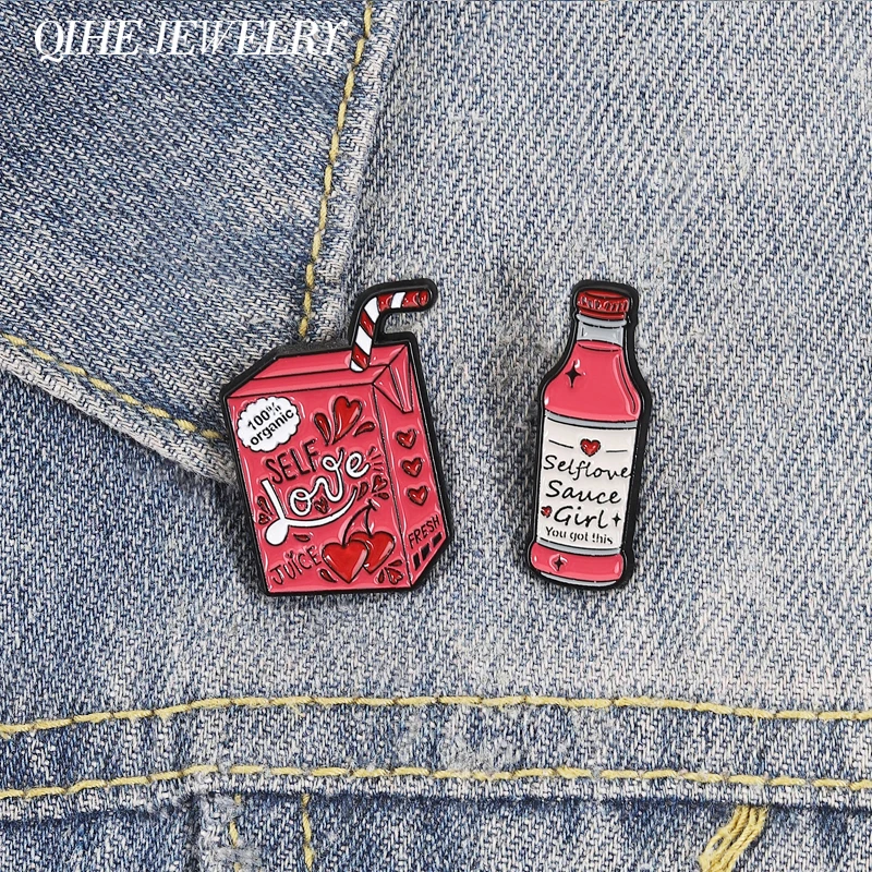 SELF Love JUICE Selflove Sauce Girl Emaille-Pins Lustige Saftbox-Sauce-Flaschen-Design Broschen Anstecknadel Schmuck Geschenk für Freunde