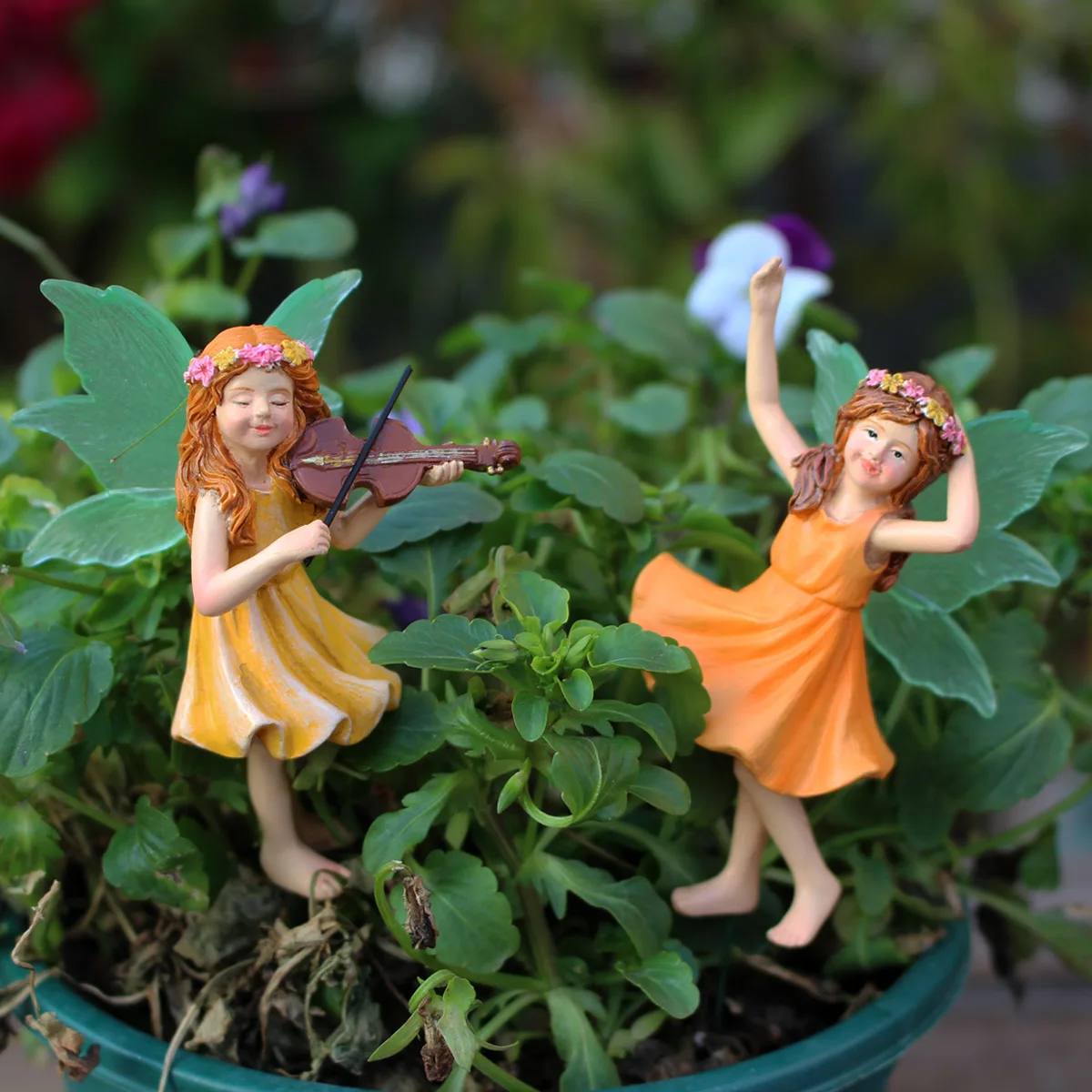 3pcs Playing Music Flower Fairy Garden Courtyard Succulent Pottery Decoration Flowerpot Insert Resin Crafts Glow In Dark Wings