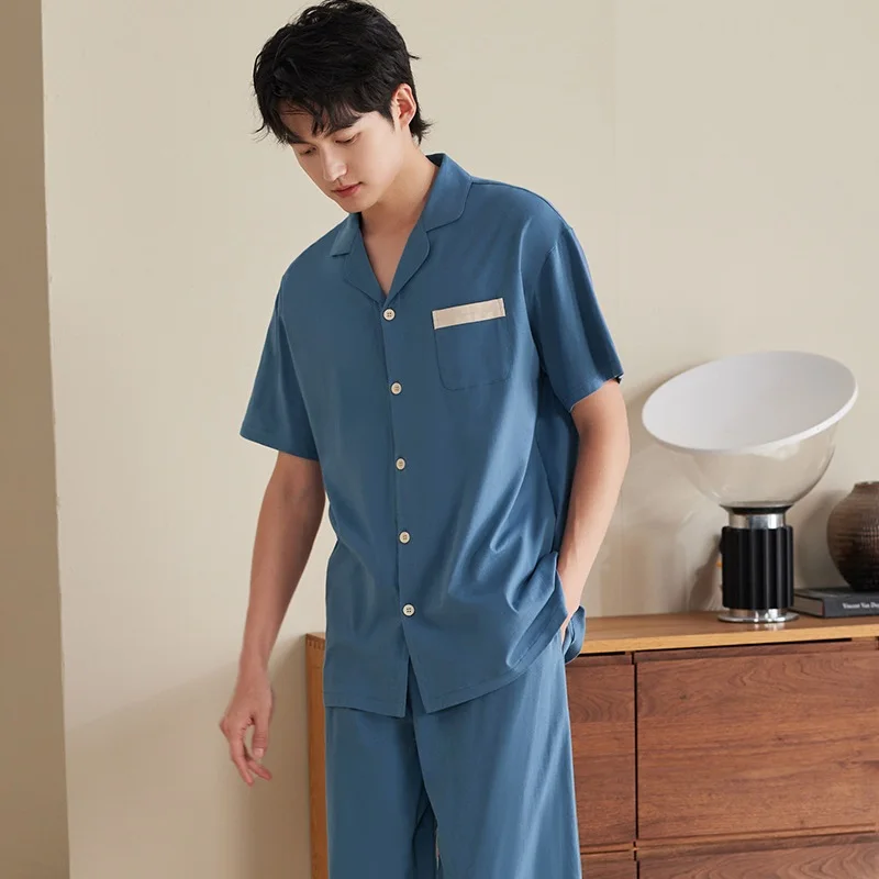 Short Sleeve Turn-Down Collar Cardigan Tops + Long Pants 2pcs/set Pajamas Set Men Full Cotton Pyjamas Male Summer Pijamas Hombre