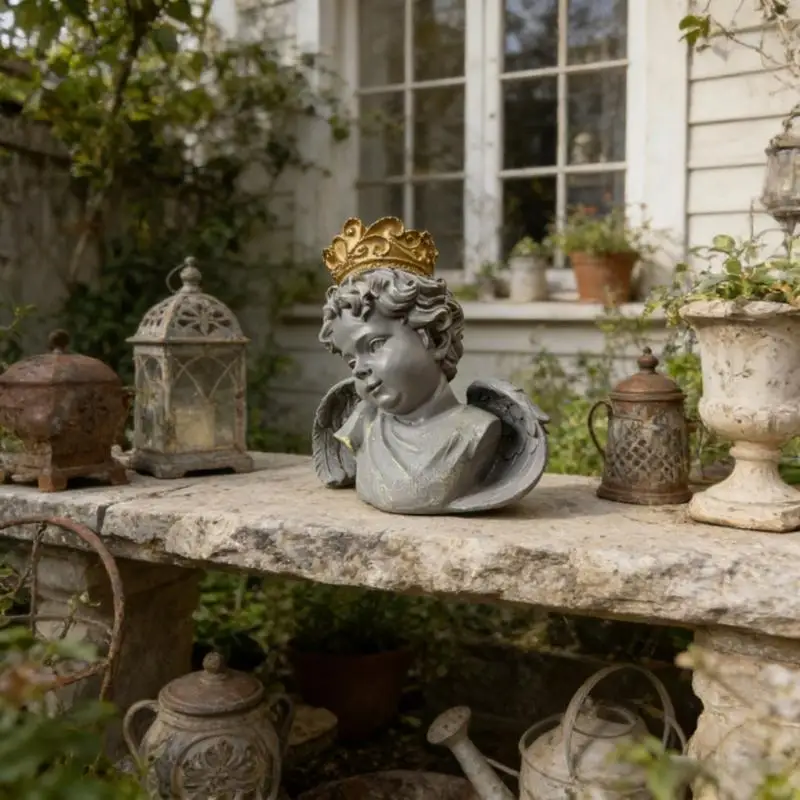 Wetterbeständige Engelskopf-Statue aus Kunstharz mit goldgekrönter, antiker Gartendekoration für den Innen- und Außenbereich – Detail 5