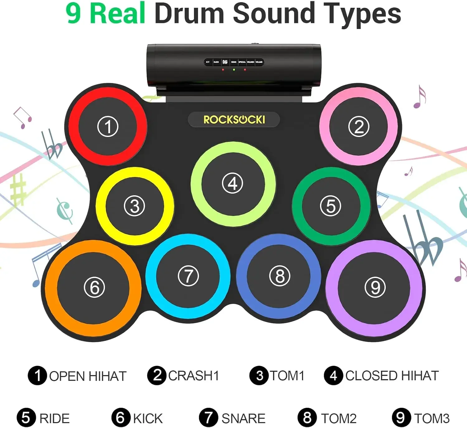 Drum Set 9-Pad With Headphone, Bigger Roll-up Drum Pad USB MIDI Game, Built-in Speaker, Drum Sticks, Foot Pedals 10 Hou