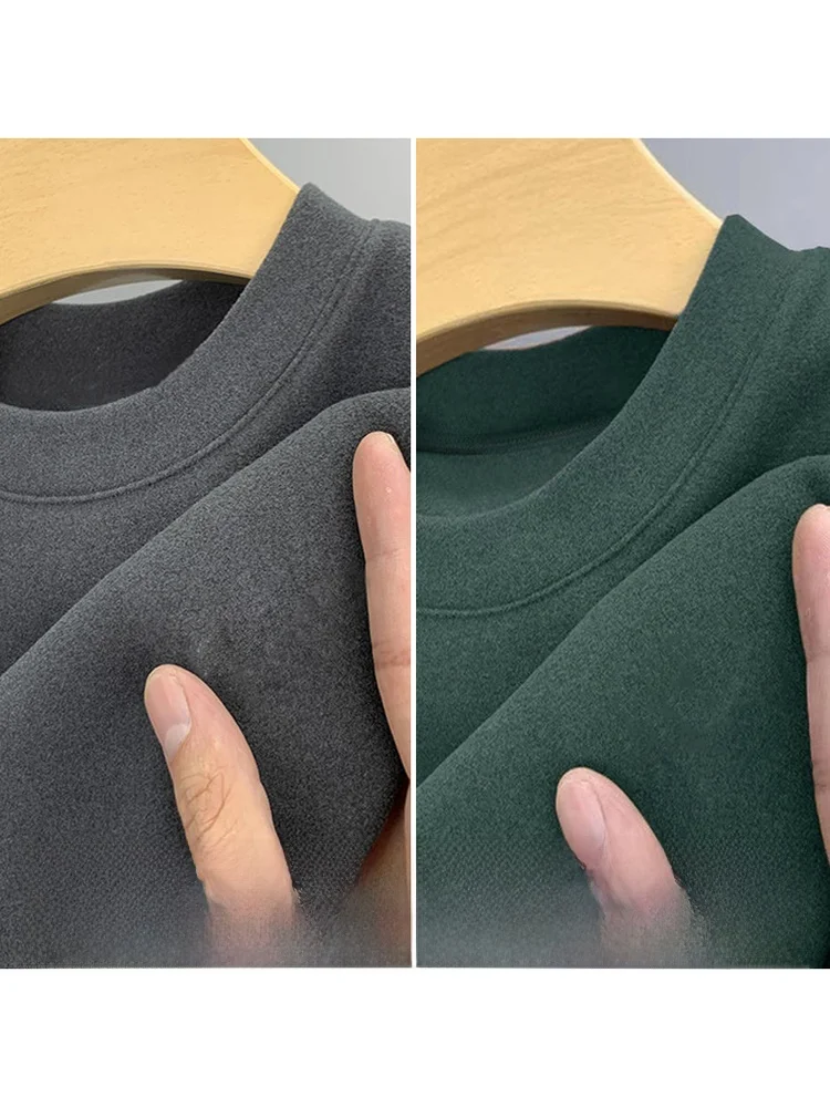 Warm Fleece Lined Double Sided Velvet Long Sleeve round Neck Base Shirt Casual Style Men's T-Shirt Breathable Comfortable Fit