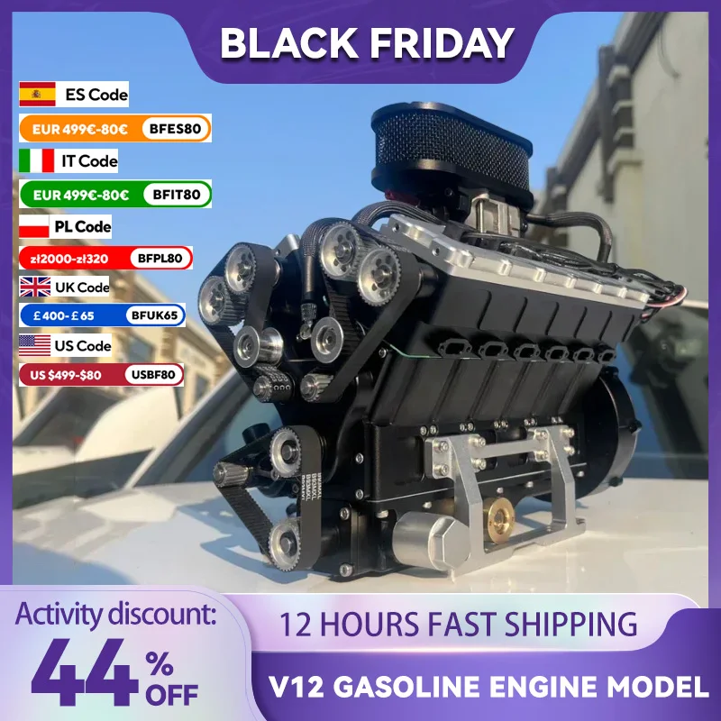 V12 Gasoline Engine Model Toys Can Start Four-stroke Internal Combustion Engine Displacement 72CC Engine Model Toys Gift