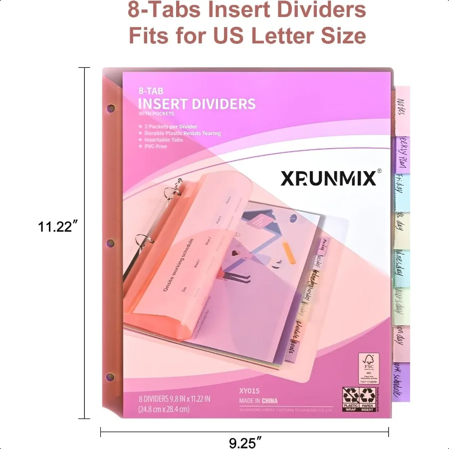 8탭 바인더 디바이더, 2포켓 인덱스 포켓, 3링 바인더용, 8가지 파스텔 색상, US 레터 사이즈, 2팩, 16개입