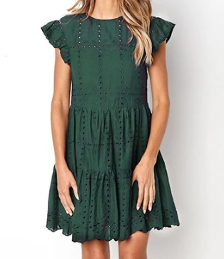 

Women's Eyelet Embroidery Flutter Sleeve Dress Tiered Ruffled Hem Design Stylish Breathable Dress