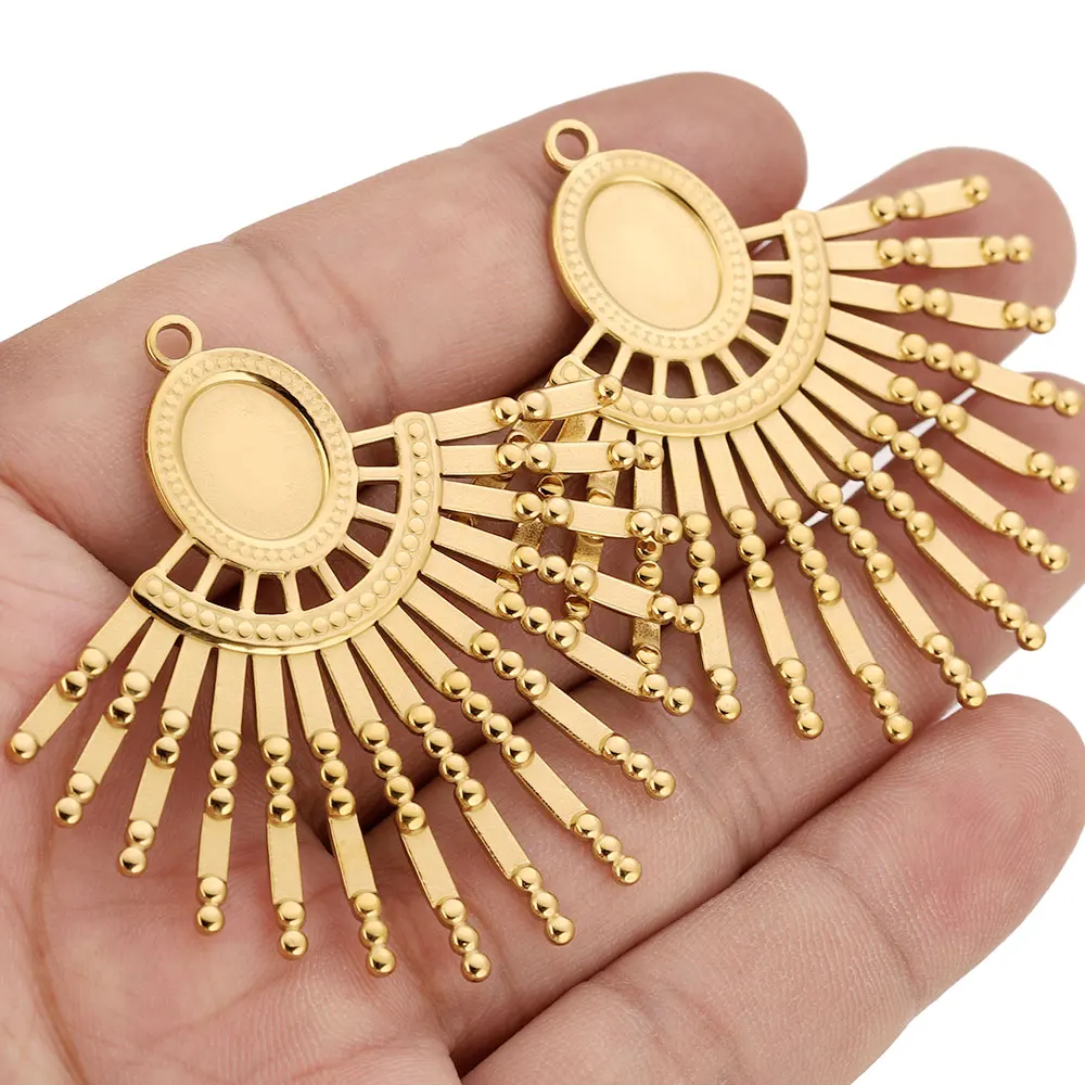 5pcs Stainless Steel Cartoon Sunburst Charms Oval Bezel Frame Fan Shape Pendant Bases for DIY Jewelry Making Necklace Earrings