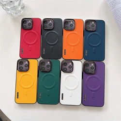 Plain Leather Magnetic MagSafe Wireless Charge Phone Case for iPhone 15 16 Pro Max 14 13 12 11 Pro Shockproof Soft Bumper Cover