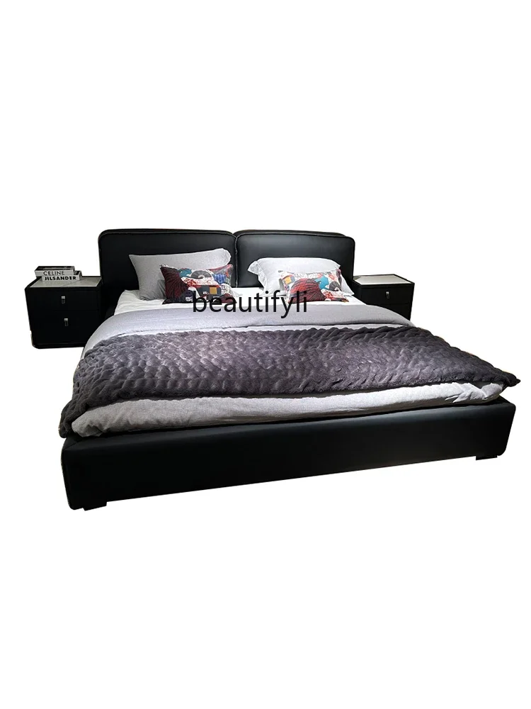 

Modern Light Luxury Simple First Layer Cowhide Bed Soft Bag Master Bedroom Double Bed Marriage Bed Italian Minimalist Designer