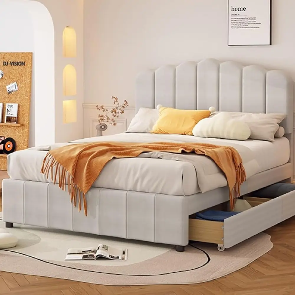 إطار سرير بمنصة كاملة الحجم للرجال مع 4 أدراج تخزين، بيج، دعامة خشبية، 76 لتر × 53.9 وات × 43.7 ارتفاع