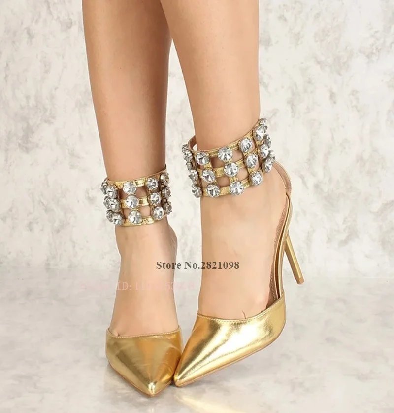 

Gold Stiletto Thin High Heels Pointy Toe Rhinestone Ankle Strap Women Pumps Heeled Ladies Prom Shoes