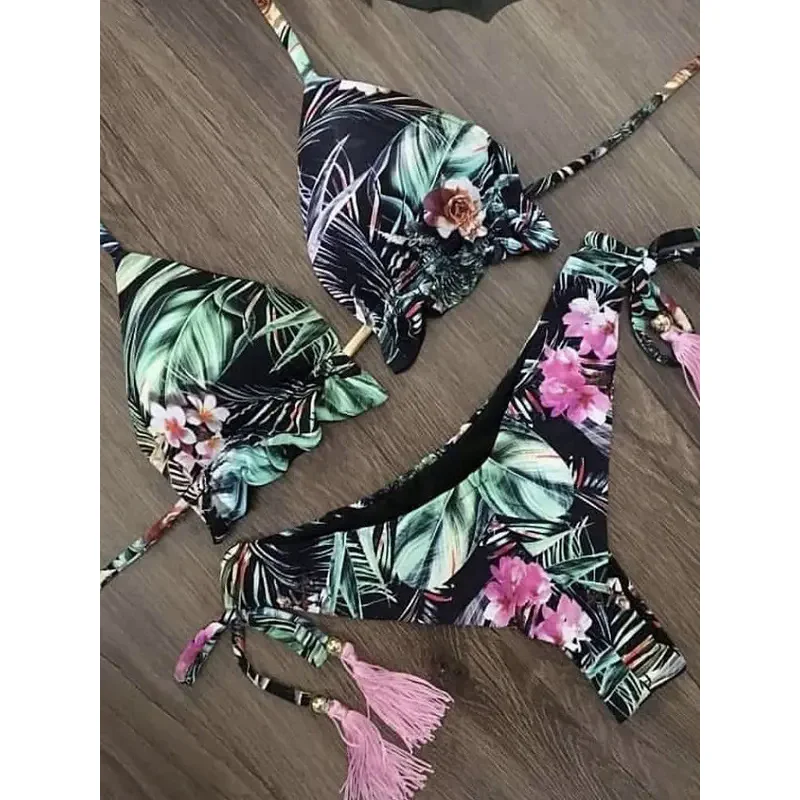 Traje de baño con estampado floral para mujer, bikini brasileño con push-up, estilo vendaje, 2020