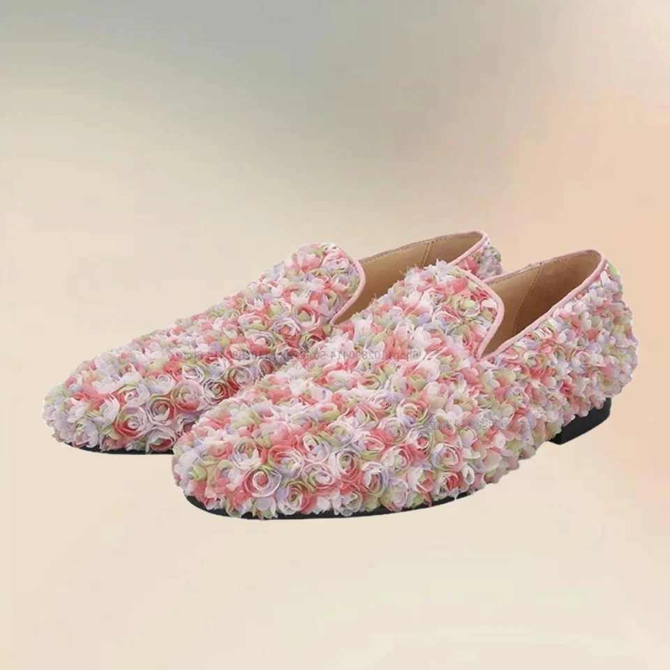 Pink Flower Appliques Lace Men Loafers Fashionable Novel Slip On Men Shoes Handmade Runway Casual Party Feast Low Top Men Shoes