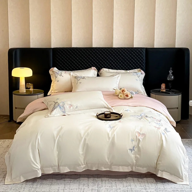 Luxury Butterfly Embroidery Bedding Set 800TC Egyptian Cotton Quilt/Duvet Cover Flat/Fitted Bed Sheet Pillowcases Home Textiles