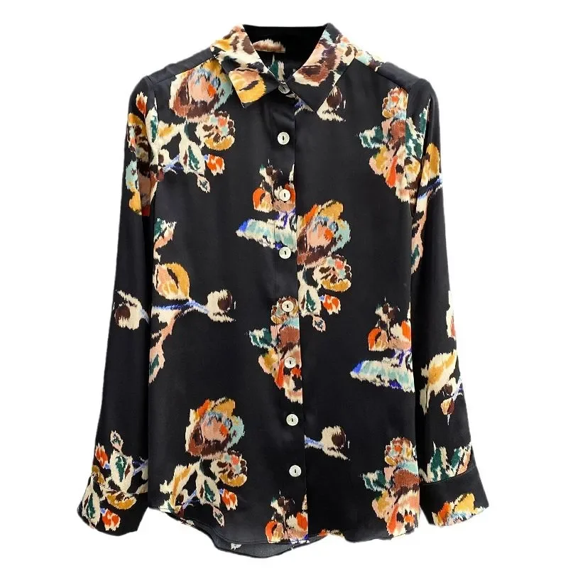 

Fashion 2025 New Satin Black Floral Retro Long Sleeve Shirt Elegant Button Splicing Cardigan Top