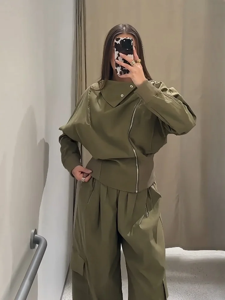 2025RARA nouveau femme chauve-souris à manches longues col montant simple veste plissée décoration taille haute pantalon ample costume