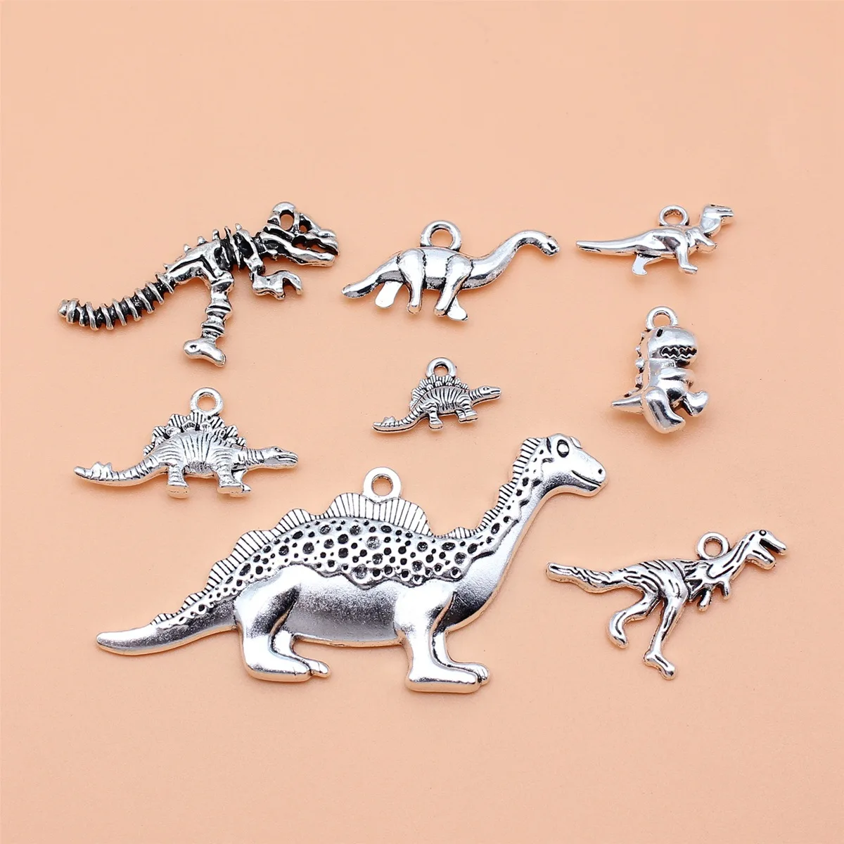 8pcs Antique Silver Color Dinosaur Charms Collection For DIY Jewelry Making, 8 Styles, 1 of Each