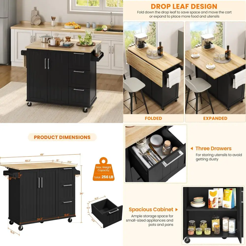 جزيرة مطبخ Yaheetech 52W مع بار إفطار من أوراق الشجر، ورفين قابلين للسحب، وعجلات قابلة للقفل، وعربة مطبخ علوية من الخشب المطاطي #1