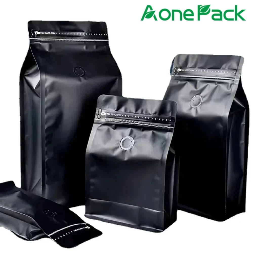 

50pcs Matt Black Coffee Bean Powder Tea 100g 250g 500g 1kg Packaging Bag with T-Zipper and Valve Food Plastic Storage Bag