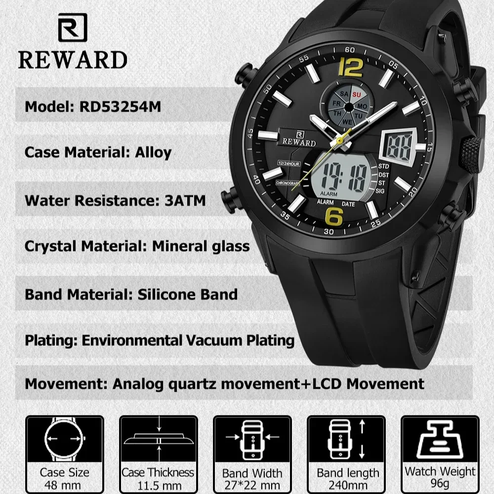 

НАГРАДА 53254M кварцевые спортивные часы с двойным дисплеем, водостойкий светящийся календарь, хронограф, мужские часы с двойным дисплеем, Reloj Hombre