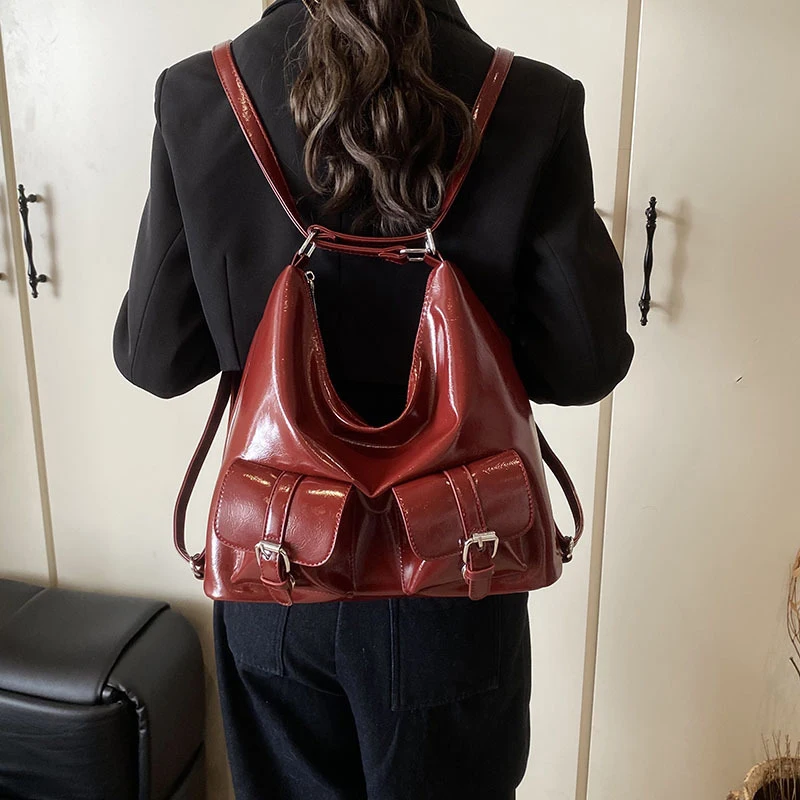 

Soft PU Motorcycle Style Shoulder Bag,Edgy Biker Backpack,Multi Pocket Handbag,Women Everyday Tote Bag,Brown Commuter Purse