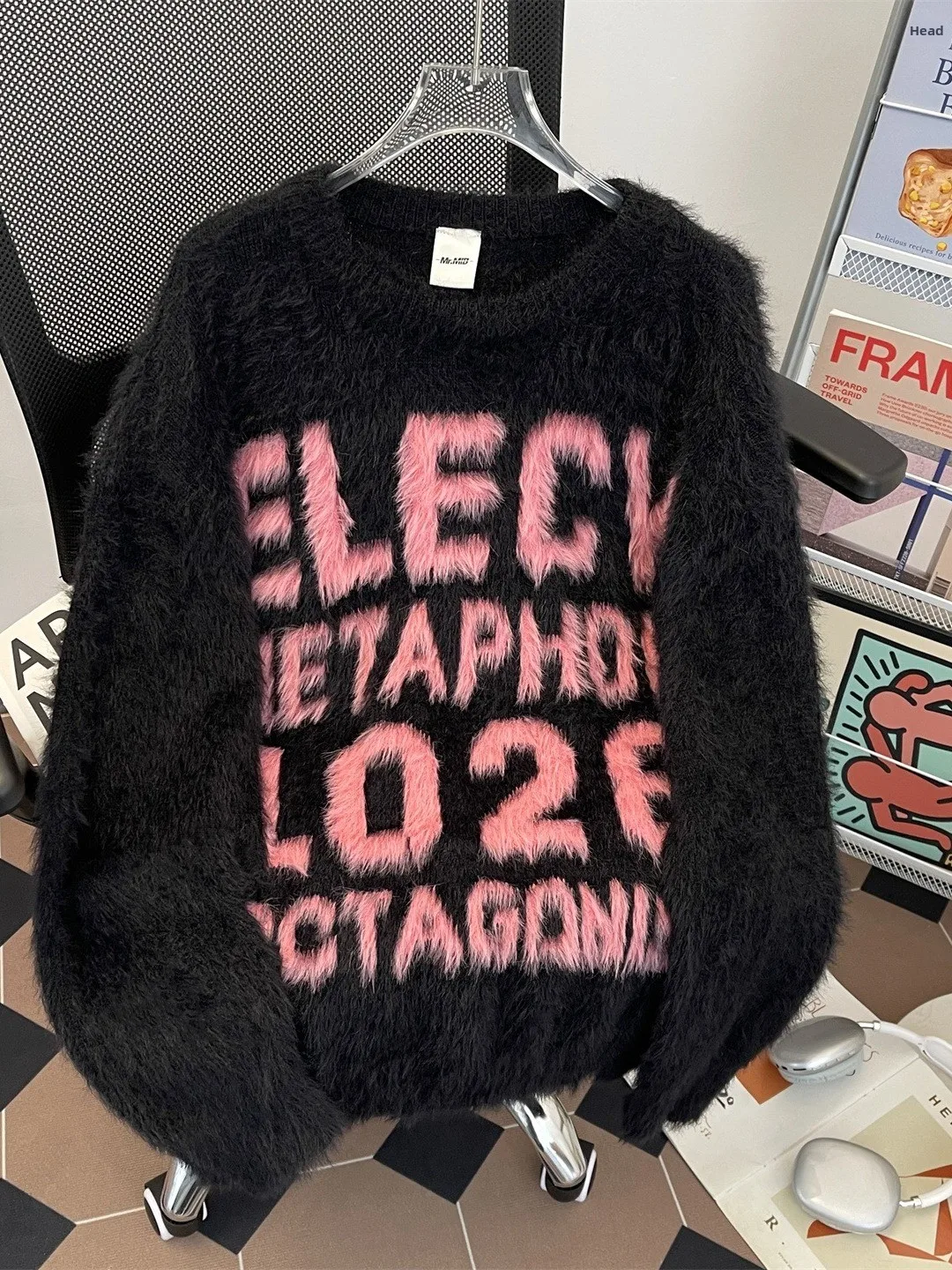 

Ретро американский свитер с вышивкой буквами, цветной круглый свитер Ne, свободный вязаный топ для пар, повседневная одежда, повседневное использование