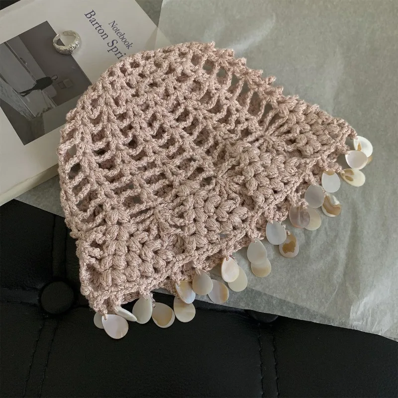 Koreanische Neue Mütze mit Muschel-Quasten-Design, Strickmütze, Herbst, handgefertigt, gehäkelt, hohles Netz, atmungsaktive Beanie-Mützen für Damen – Detail 3