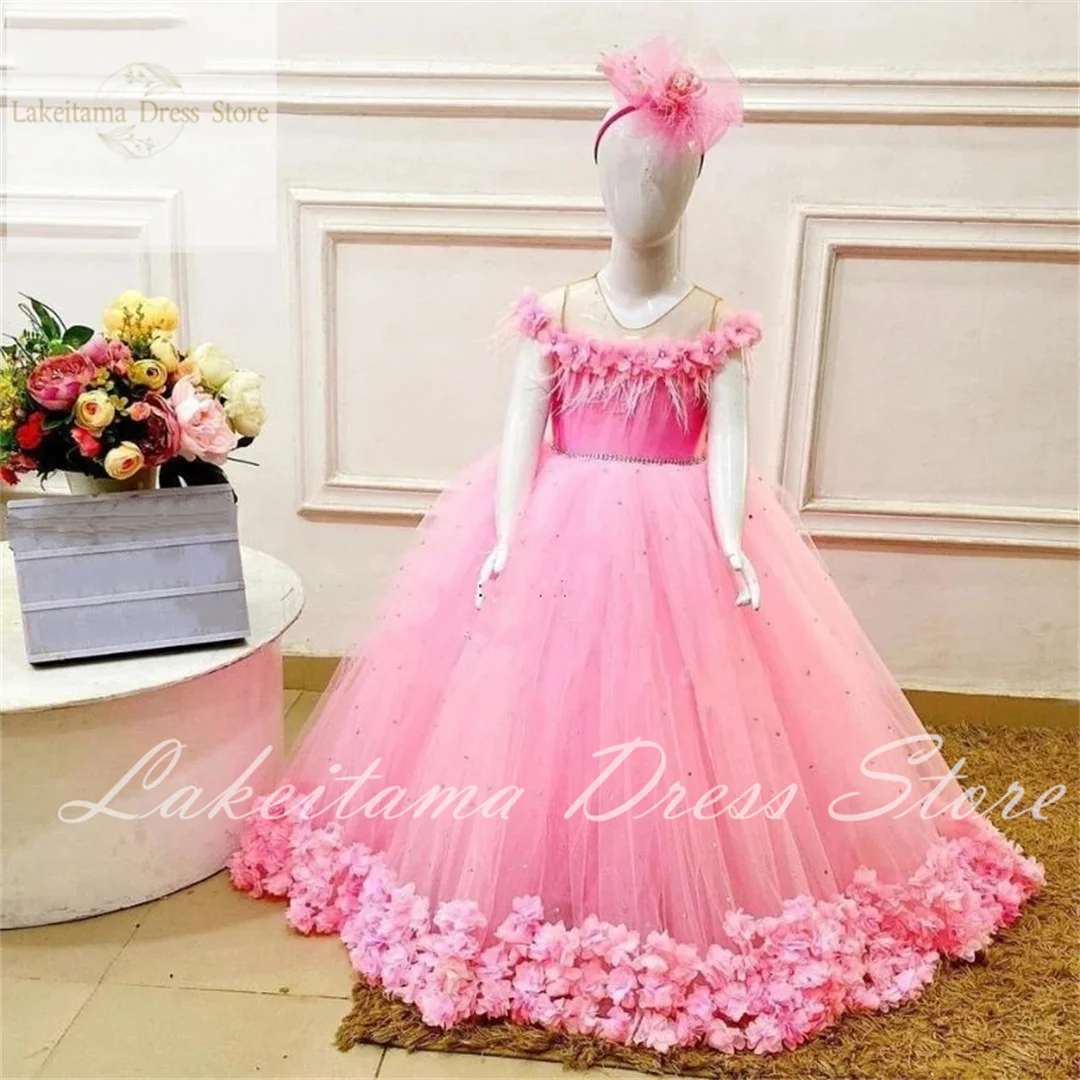 Flower Girl Dresses for Wedding Pink Applique Puffy Tulle Floor Length With Bow Dress Kids Party Birthday Princess Ball Gown