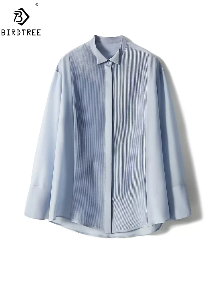 

BirdTree, Mulberry Silk Acetate Fashion Shirt, Women Striped Solid, Elegant Office Lady Blouses, 2024 Summer New Tops T44162QM