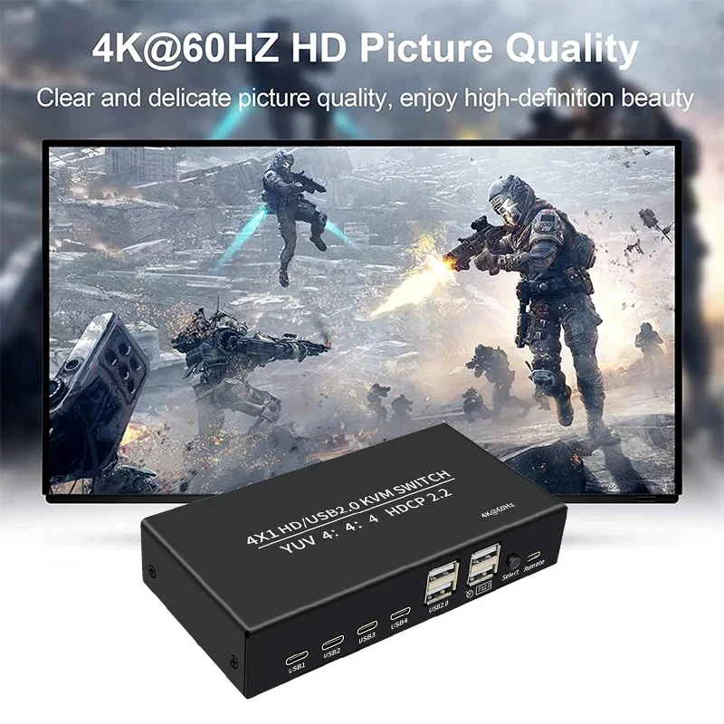 Przełącznik KVM 4x1 4K 60Hz USB USB selektor przełącznik KVM 4 w 1 out dla 4 PC udostępnianie monitora klawiatura z myszką 4-portowy USB HDCP2.2