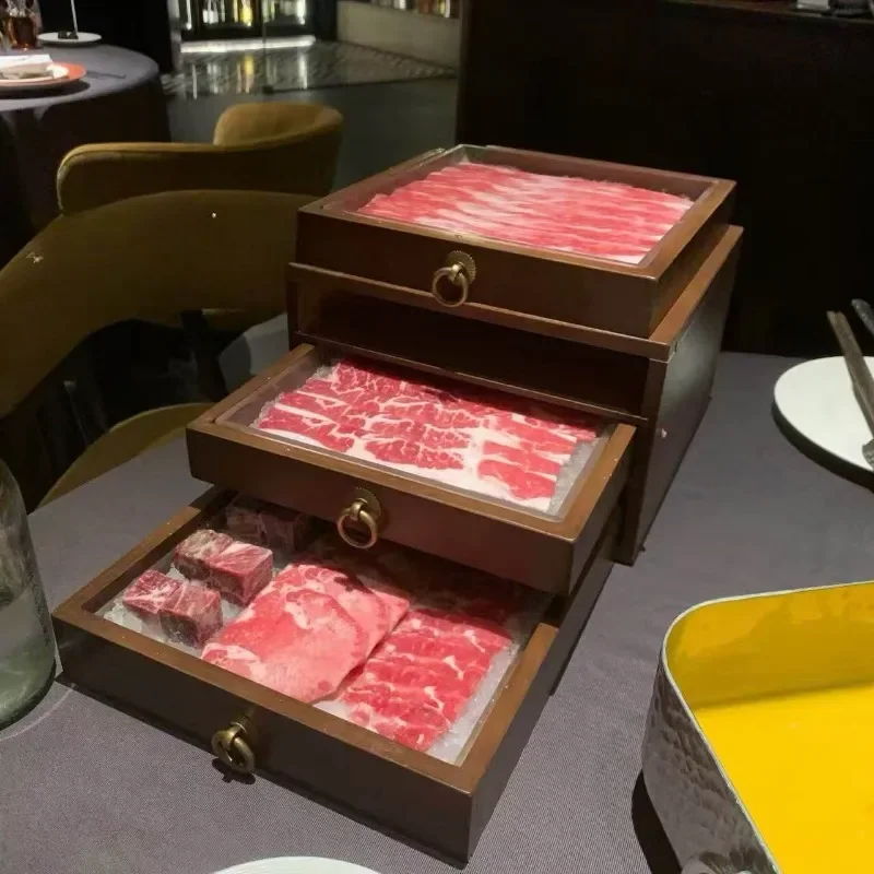 Vintage Chinese Style Wooden Double Layer Drawer Box For Hot Pot Restaurant Tableware Snowflake Beef Platter Commercial Use
