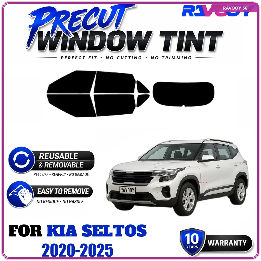 RAVOOY Precut Window Tint, Reusable Removable EPU Film, Custom Fit for Kia Seltos 2020-2025, UV Heat Protection