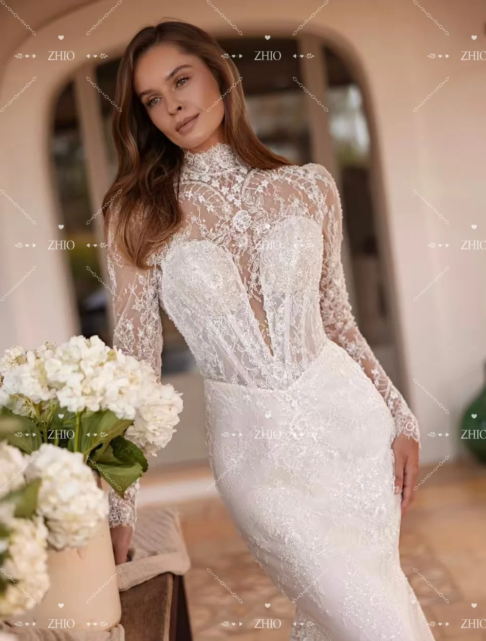 ZHIO خمر فستان الزفاف الدانتيل رائعة عالية الرقبة انفصال قطار الديكور حورية البحر امرأة فستان زفاف مخصص Vestido de novia #3
