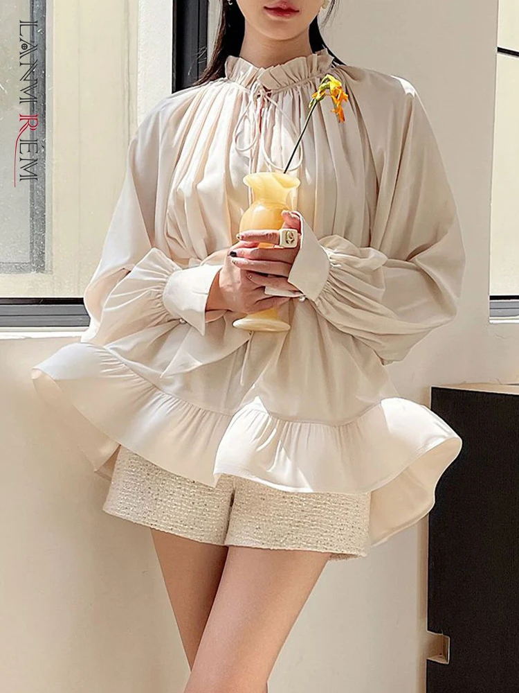 LANMREM Vintage Beige Color Ruffle Shirt Women Stand Collar Lace Up Long Sleeves Belt Shirts 2025 New Fashion Clothes 2DC1358