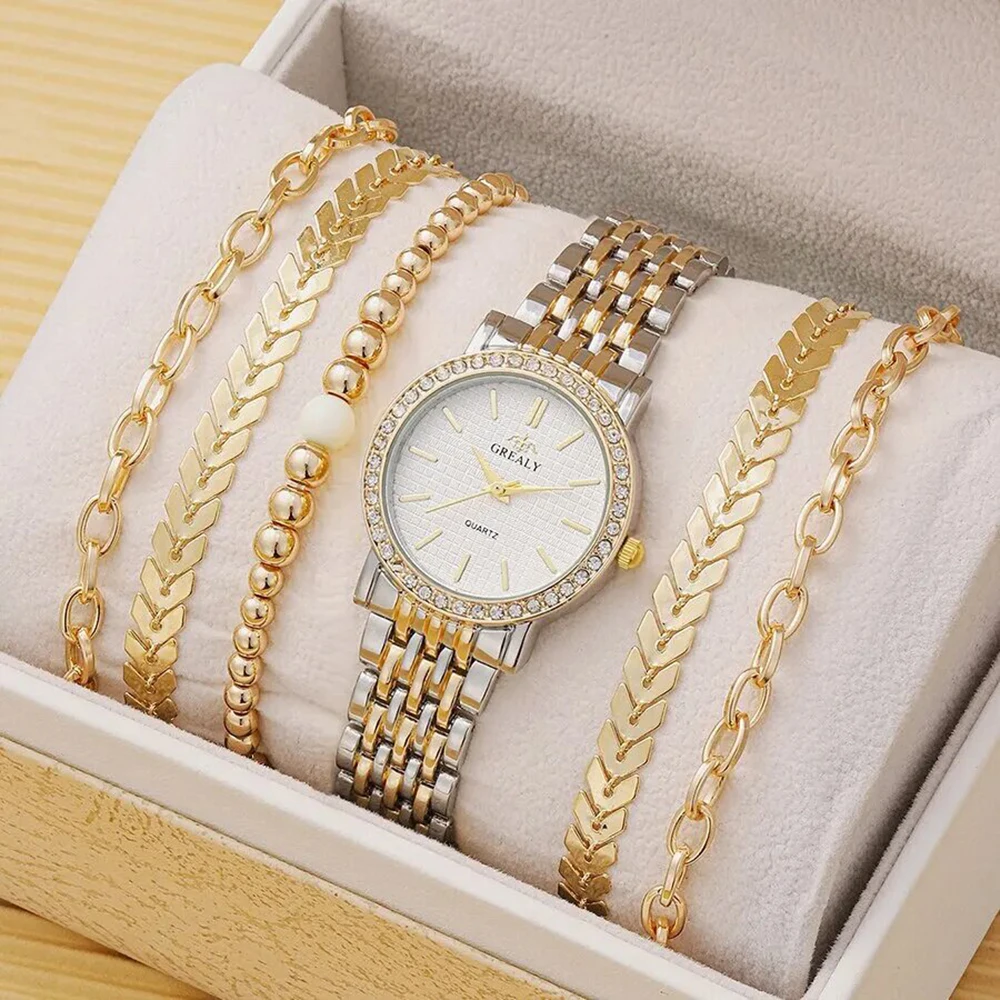 6pcs Women\'s Watch Casual Stainless Steel Strap Material Quartz Watch and Jewelry Bracelet Set