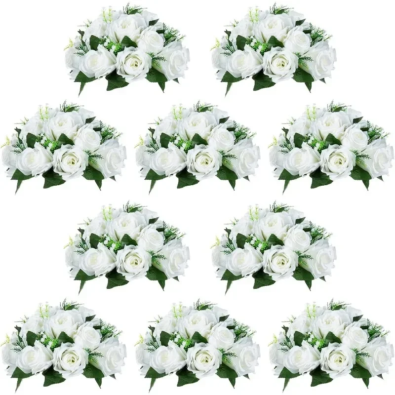

15 Heads Plastic Roses with Base High quality.10 Pieces White Fake Flower Ball Arrangement Bouquet