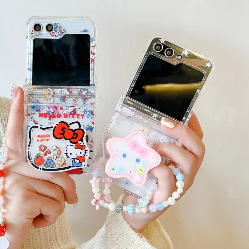 

Cute Cartoon Pink Star hello kitty Cat Folding Phone Case For Samsung Z Flip 6 Z 3 4 5 6 7 Funny Shake kitty Star Holder Cover
