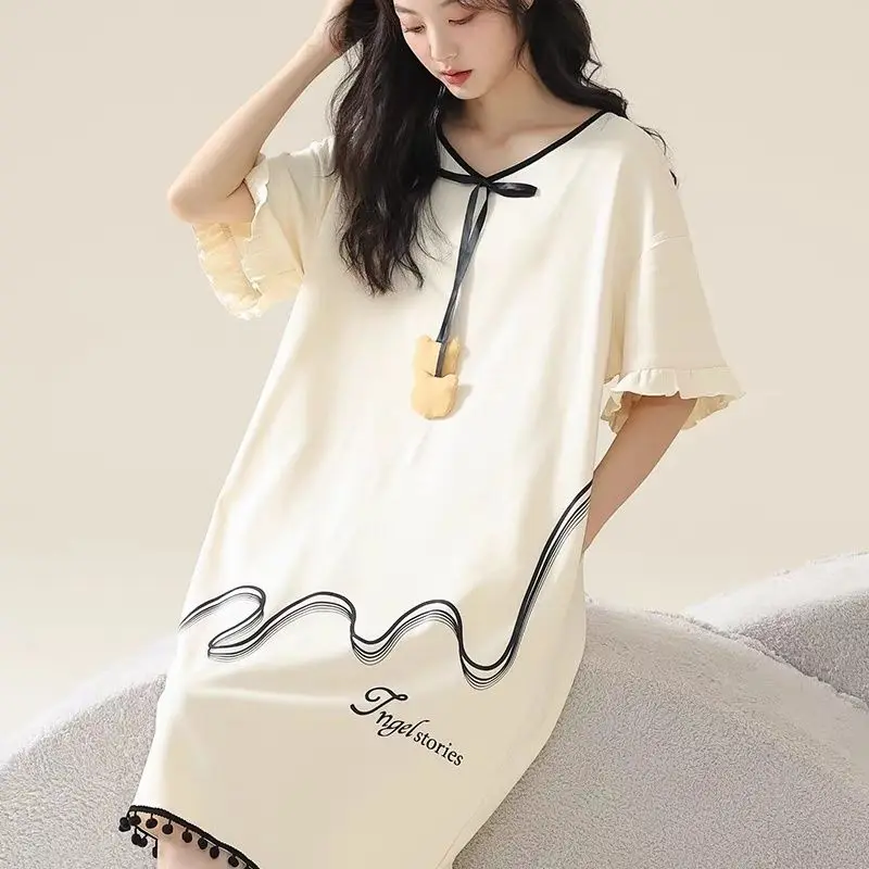 

Женская летняя тонкая ночная рубашка в стиле принцессы, свободная, с коротким рукавом, с мультяшным принтом, милая пижама в корейском стиле, домашняя одежда