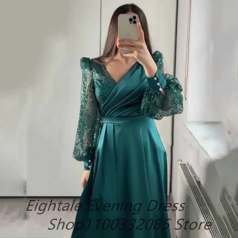 Eightale esmeralda chá verde comprimento glitter vestido de noite para festa de casamento 2022 manga longa sopro dubai feminino formal vestido de festa