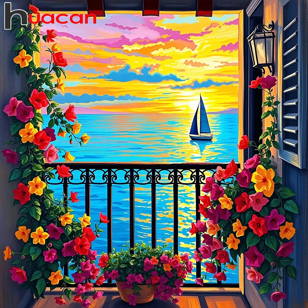 

Алмазная мозаика Huacan: Пейзаж с закатом над морем и цветами, полный набор для вышивания стразами