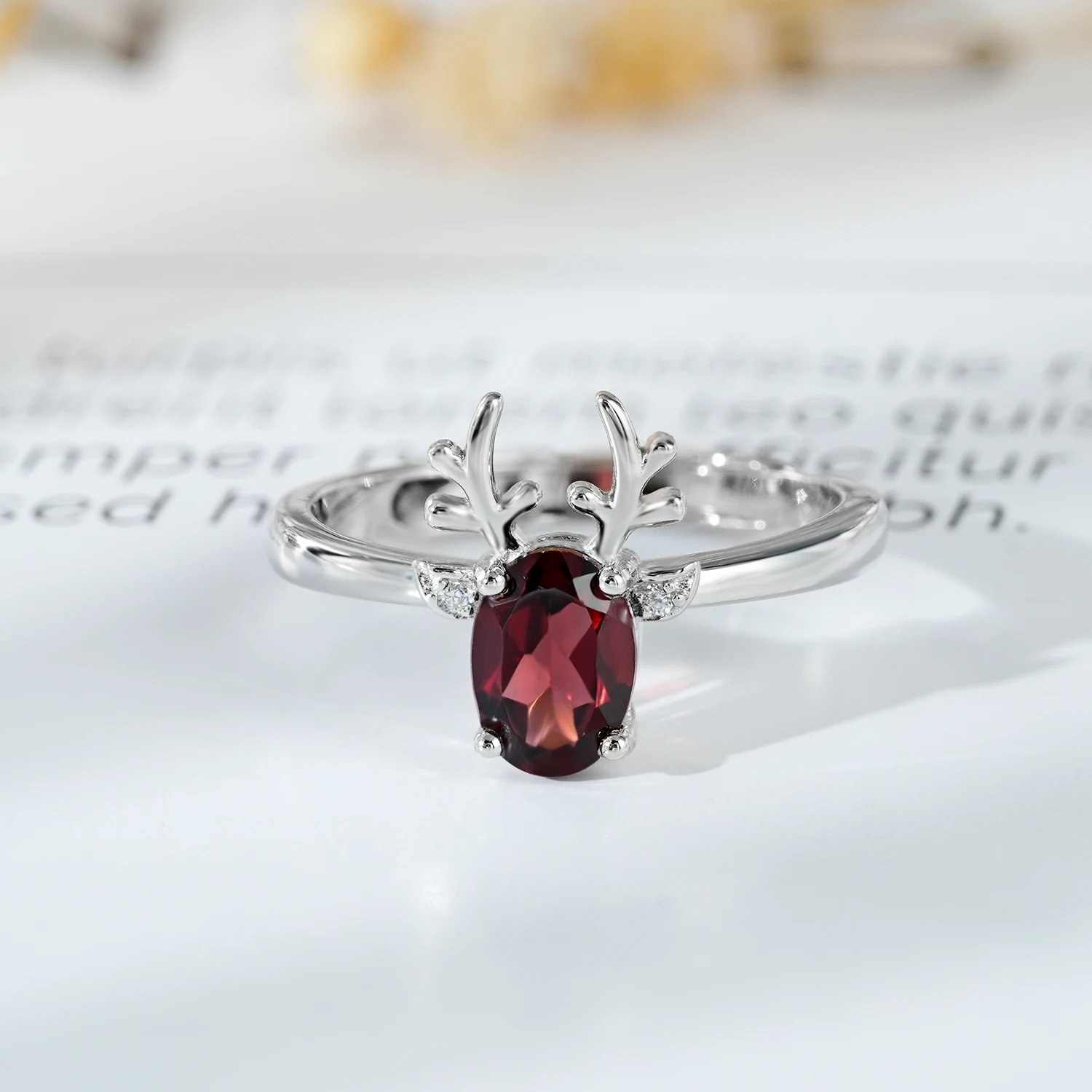 YBO Lovely Christmas Antlers Rings For Women Natural Red Garnet Fine Jewelry Finger Rings 925 Sterling Silver Adjustable Ring